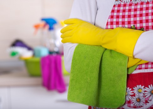 Warning signs and tidy workspace during a carpet cleaning service